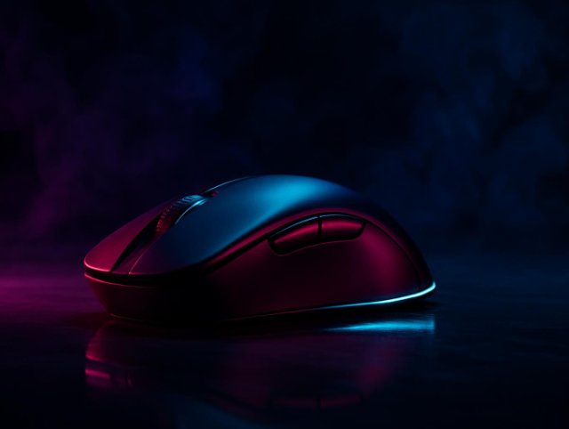 Wireless mouse with a red and black shell on a dark surface