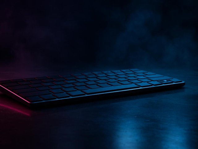 Slim low-profile keyboard lying flat on a reflective floor in cool blue light