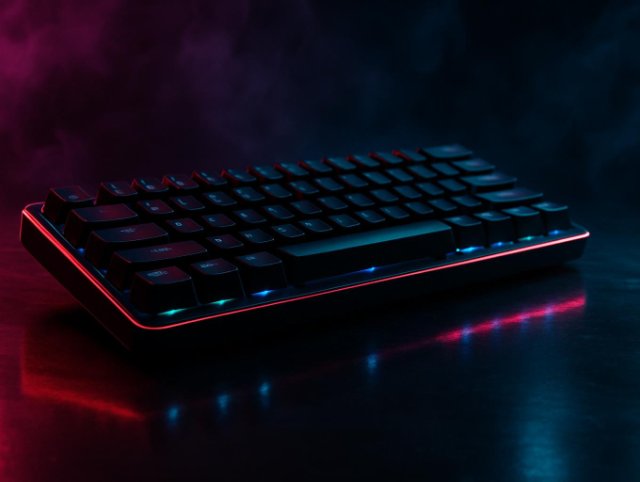 Compact wireless keyboard angled on a desk with blue light glowing beneath it