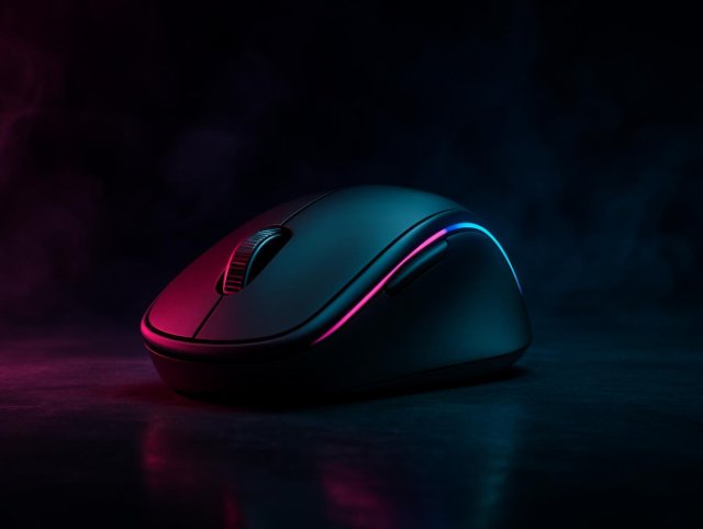Wireless mouse with a thin pink accent line running along its side on a dark floor