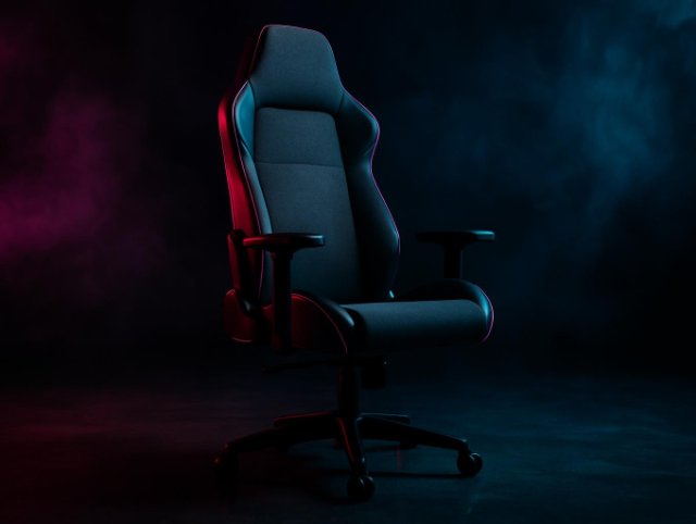 Gaming chair with white and red upholstery and padded armrests