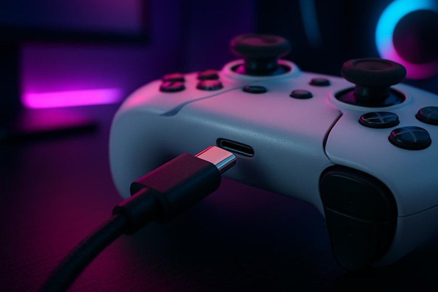 USB-C cable being plugged into a PS5 DualSense controller for wired PC connection