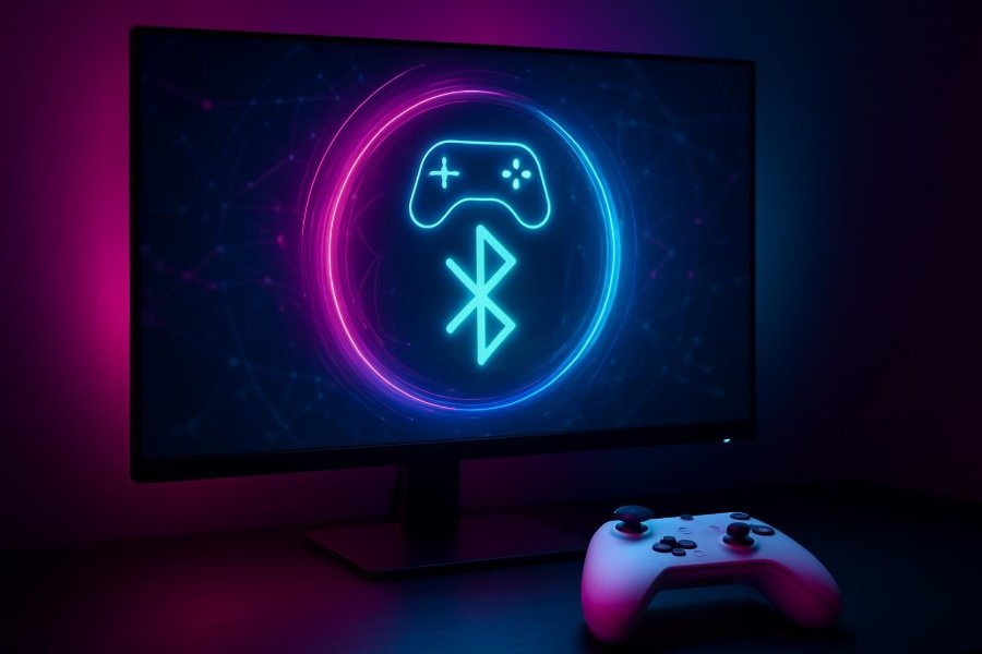 PC monitor showing a Bluetooth pairing screen with a wireless controller icon