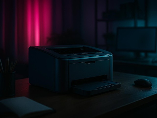 Compact laser printer on a home office desk with a glowing status light