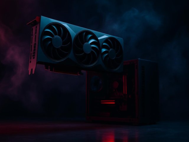 Triple-fan graphics card positioned above an open PC case