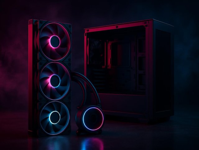 All-in-one liquid cooler radiator with three ringed fans beside a PC case