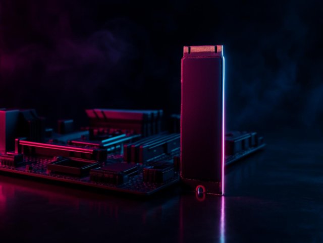 Memory module standing upright on a motherboard
