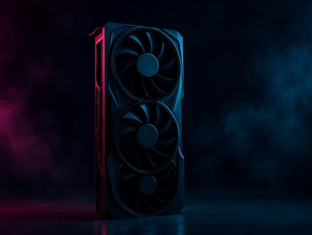 Dual-fan graphics card standing upright on a dark surface