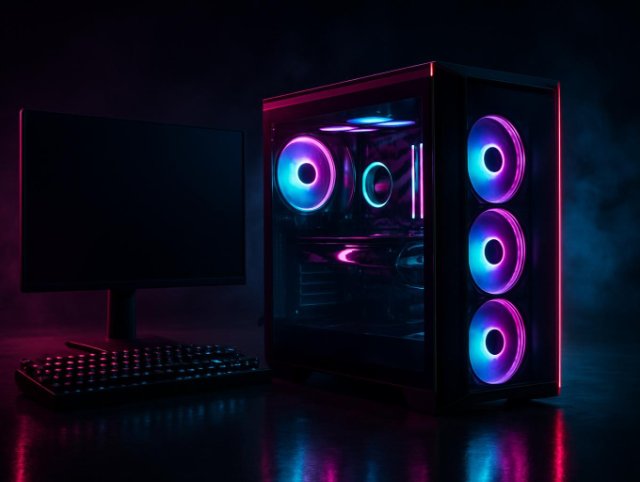 Glass-side PC tower with RGB ring fans beside a monitor and keyboard