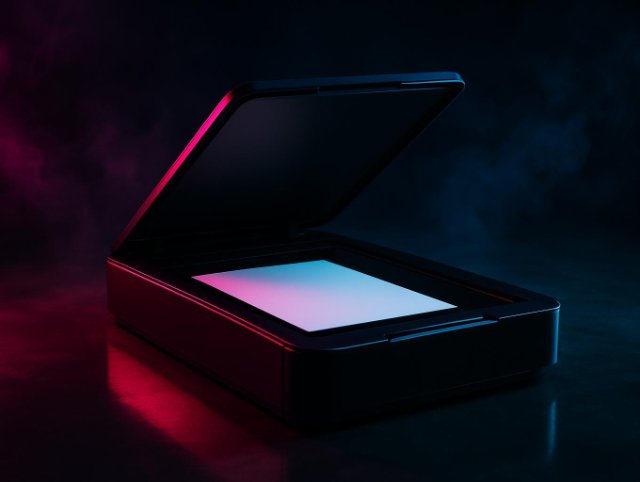 Flatbed scanner with its lid open showing the illuminated glass bed