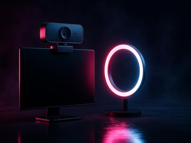 Monitor with a webcam mounted on top beside an illuminated ring light
