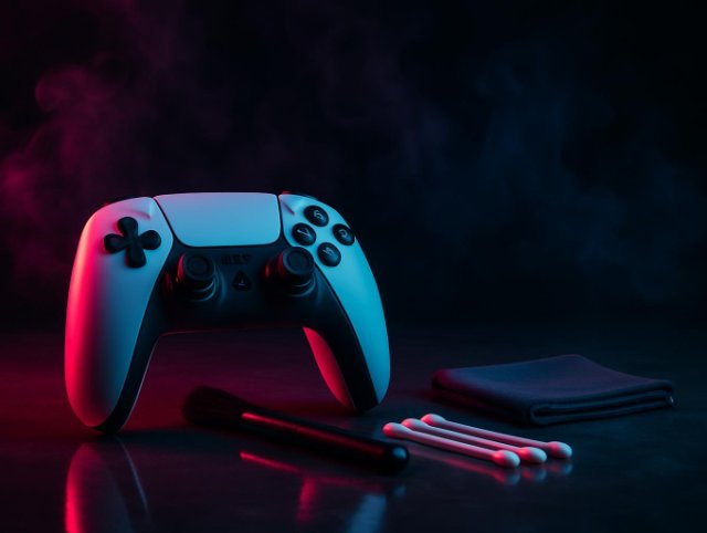 Wireless game controller beside cotton swabs, a soft brush and a microfiber cloth in neon studio light