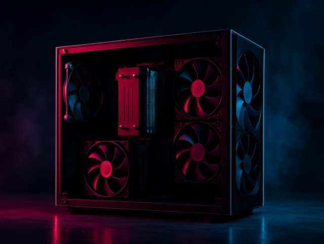 Glass-side PC case with multiple case fans and a tower CPU cooler in red and blue neon lighting