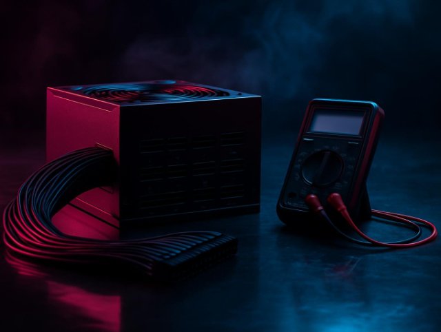 Desktop power supply unit being tested with a multimeter, neon studio lighting
