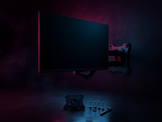 Computer monitor mounted on a wall with a VESA bracket arm