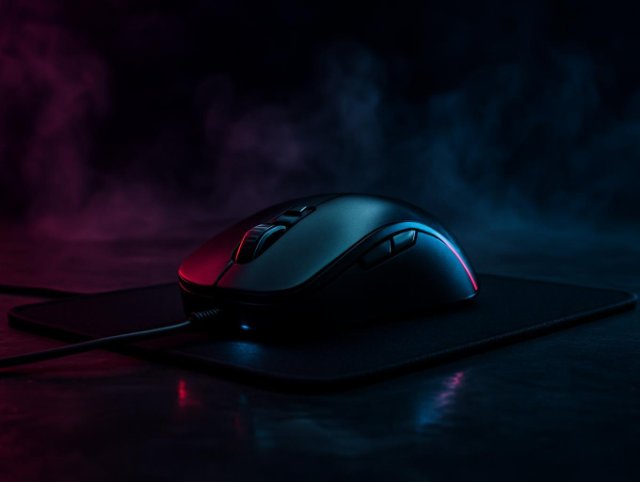 Wired gaming mouse with a DPI button behind the scroll wheel on a black pad, pink and blue neon light