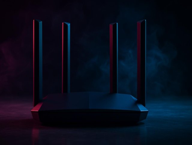 Dual-band Wi-Fi router with four upright antennas on a reflective floor, pink and blue neon lighting
