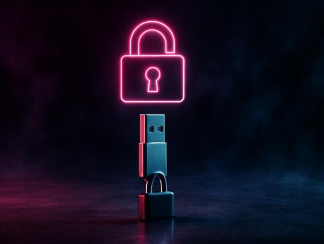 Metal USB flash drive standing on a small padlock beneath a glowing padlock icon in pink and blue neon light