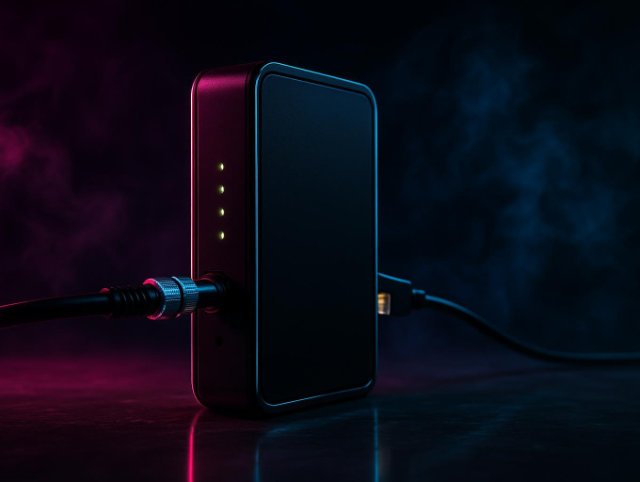 Black cable modem with a coaxial cable and ethernet cable plugged into its back, pink and cyan neon lighting