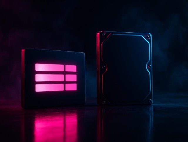 An SSD and a hard drive side by side with glowing segmented light bars, lit by pink and cyan neon in a dark studio