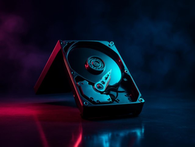 A hard disk drive with its casing open showing platters and read arm, lit by pink and cyan neon in a dark studio