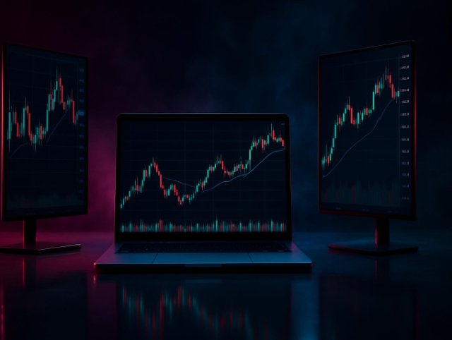 A laptop on a desk showing candlestick trading charts, flanked by two monitors with financial graphs under neon light.