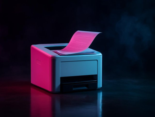 Compact white laser printer with printed pages fanned in its output tray, pink and cyan neon studio lighting